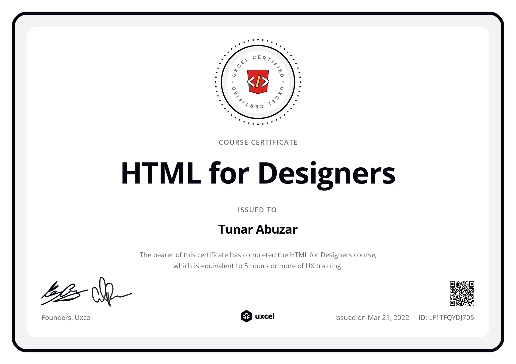 Tunar Abuzar's certificate